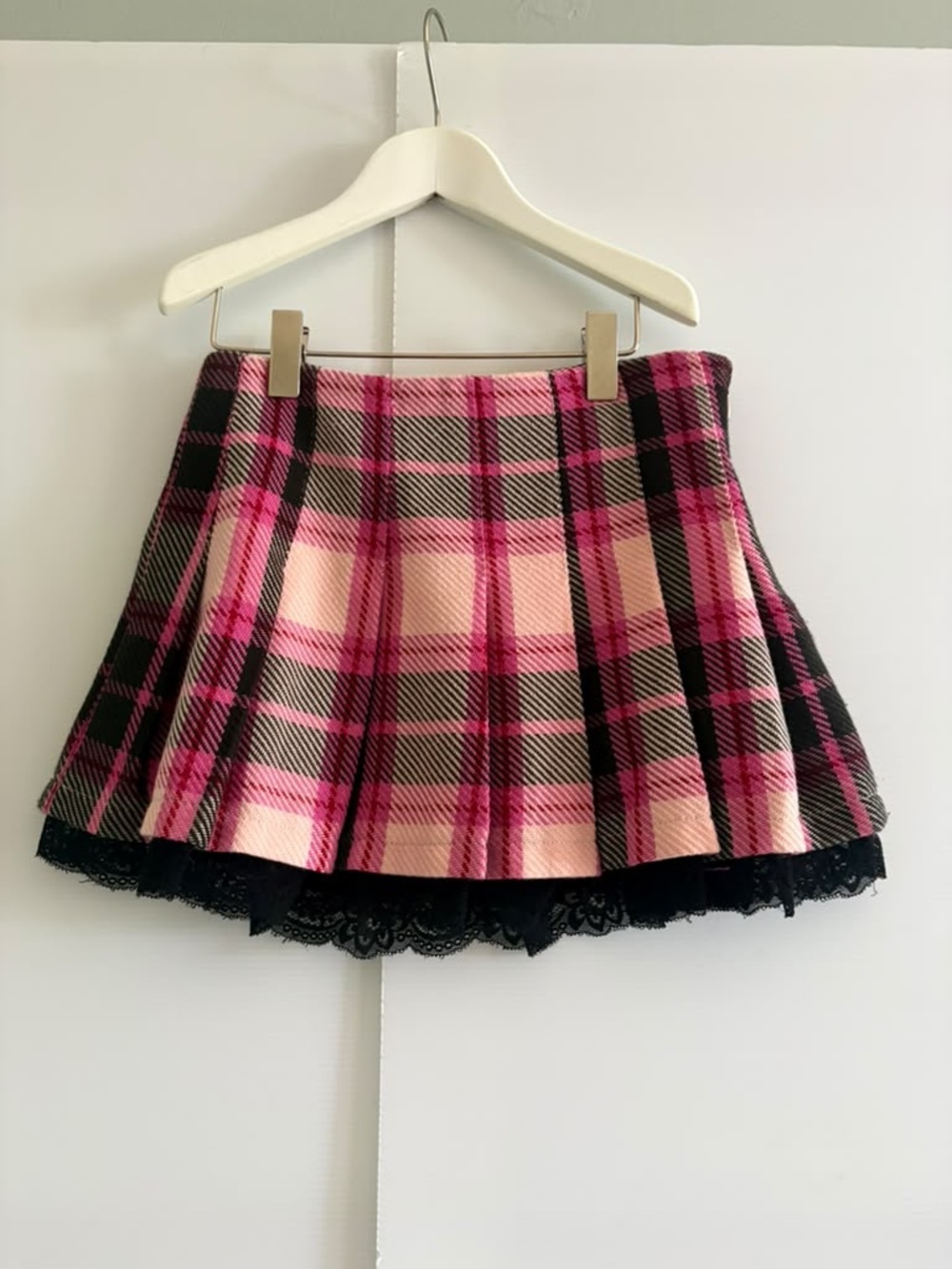 Katie J NYC Girls Elicia Pink Plaid Pleated Lace Trim Skirt Size M (Best for 8)